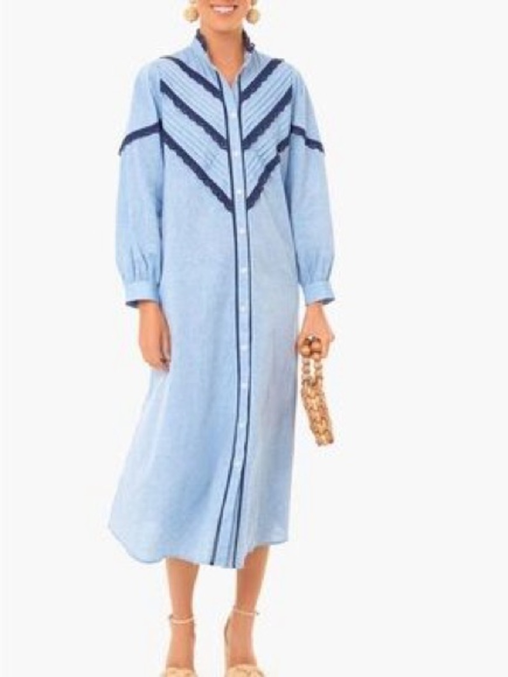 Pomander Place Tuckernuck Jolene Chambray Midi Dress Button Front Lace Linen - Picture 2 of 7
